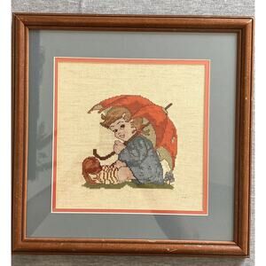 Completed Hummel Counted Cross Stitch Framed Picture Double Matted glass 14x14